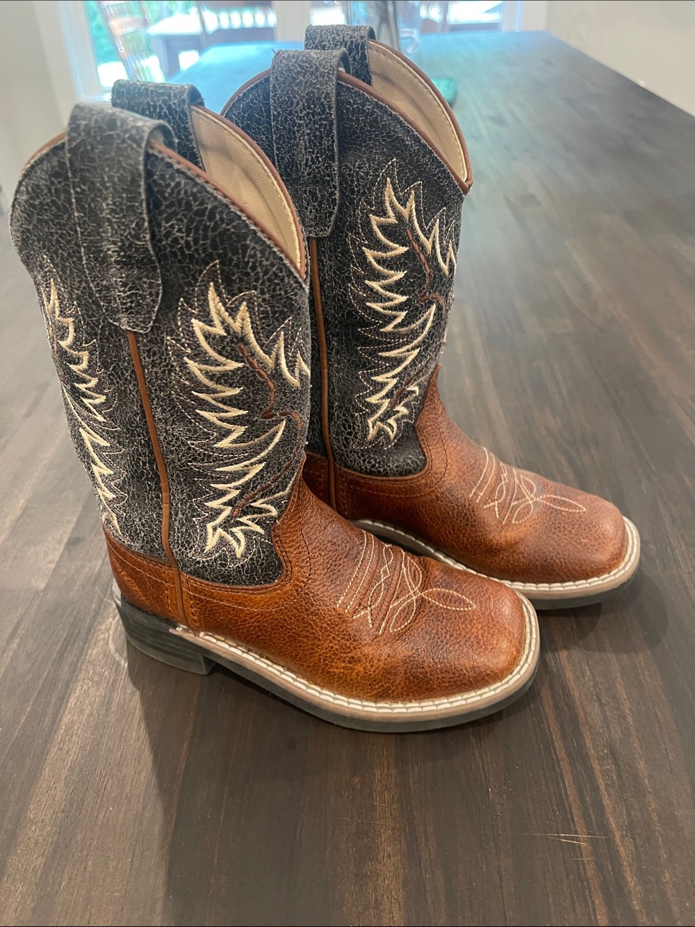 Kids Western Pull-On Boots in Brown Leather with Black Distressed Shaft